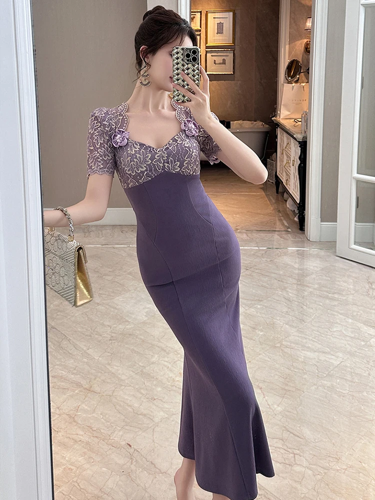 Ropa de mujer dulce encaje púrpura Sexy cuello cuadrado ajustado cola de pez vestido largo elegante Vestidos de fiesta bata Casual ocasión Formal nuevo