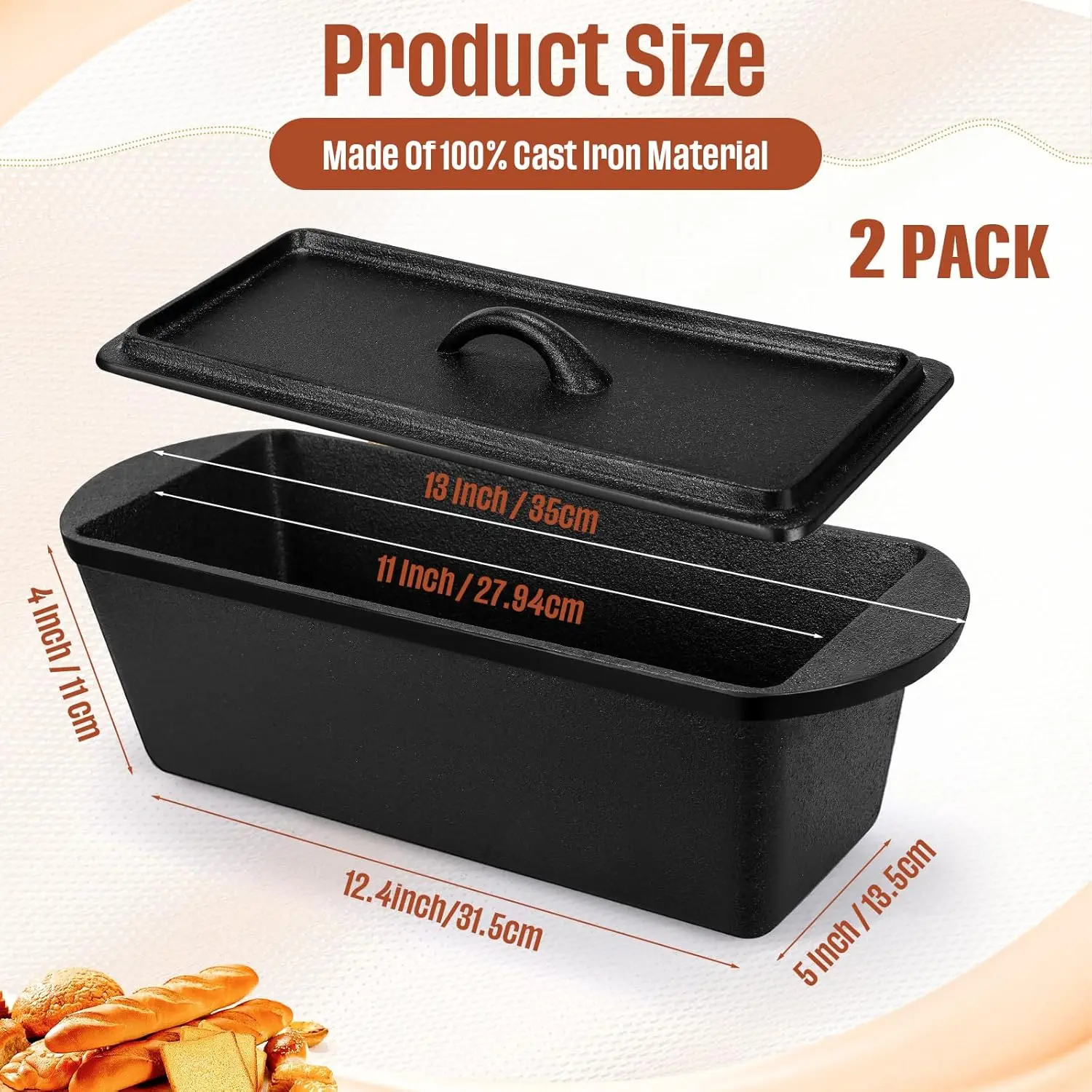 2 Pack Cast Iron Bread Loaf Pan with Lid Heavy Duty Cast Iron Bread Pan with Dual Handles for Baking Meatloaf Homemade (13 x 5 x
