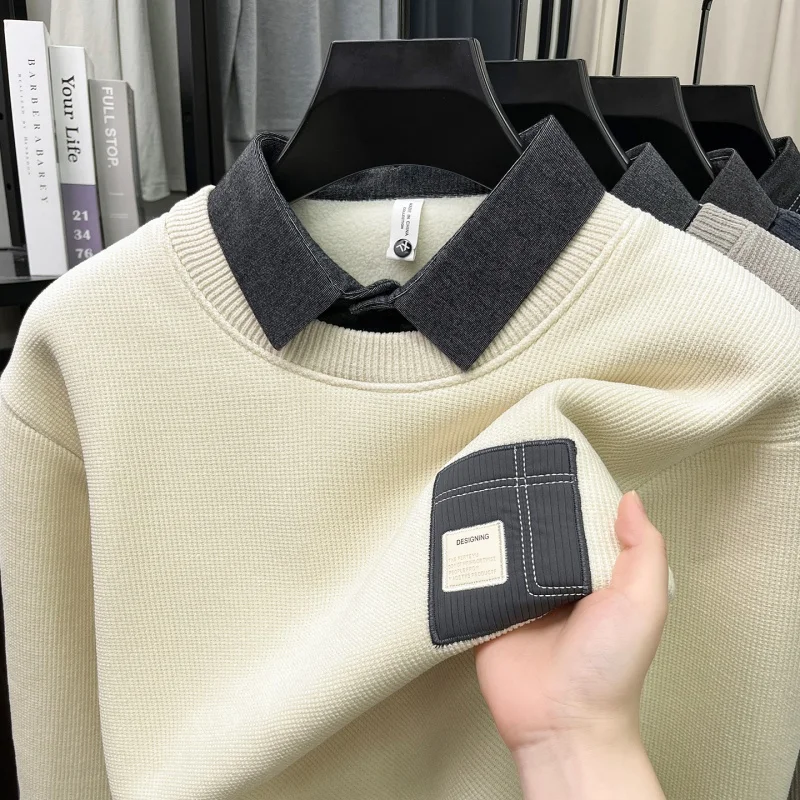 Autumn Winter New Style Men's Waffle European Cotton Velvet Fake Two-Piece Sweater Knitted Shirt Business Casual Men's Clothing
