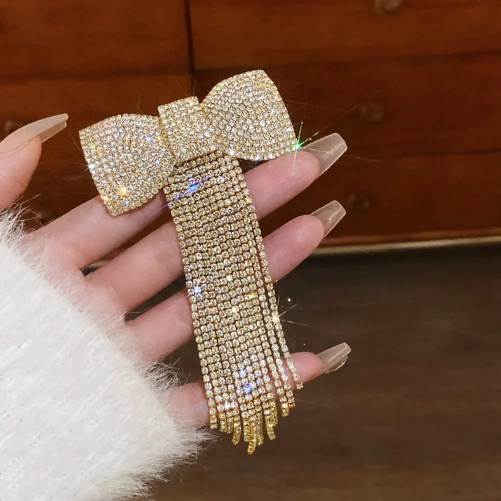 Rhinestone Bow Fringe szpilka do włosów dla kobiet moda temperament spinka do włosów koreańskie światło luksusowe złoty kolor srebrny akcesoria do włosów — zdjęcie 4