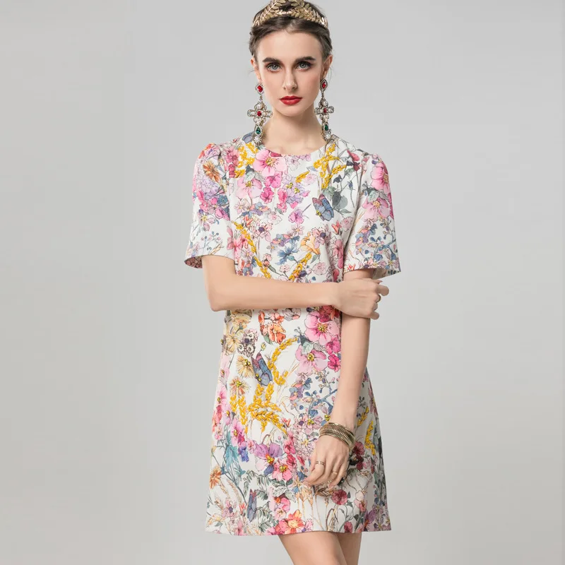 

Meyyithun Runway Spring& Summer Mini Dress High Street Casual Dress Short Sleeve Flower Print Beading Ladies A-Line Holiday MK0