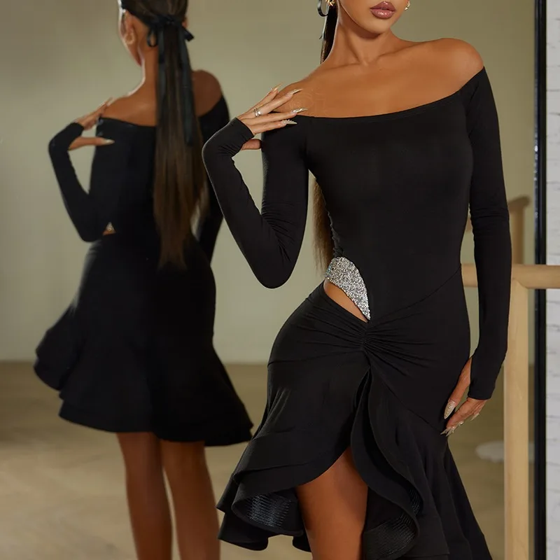 

UK Latin Dancewear Women Off Shoulder Dress with Side Cut Outs and Built In Shorts Womens Performance Practice Costume