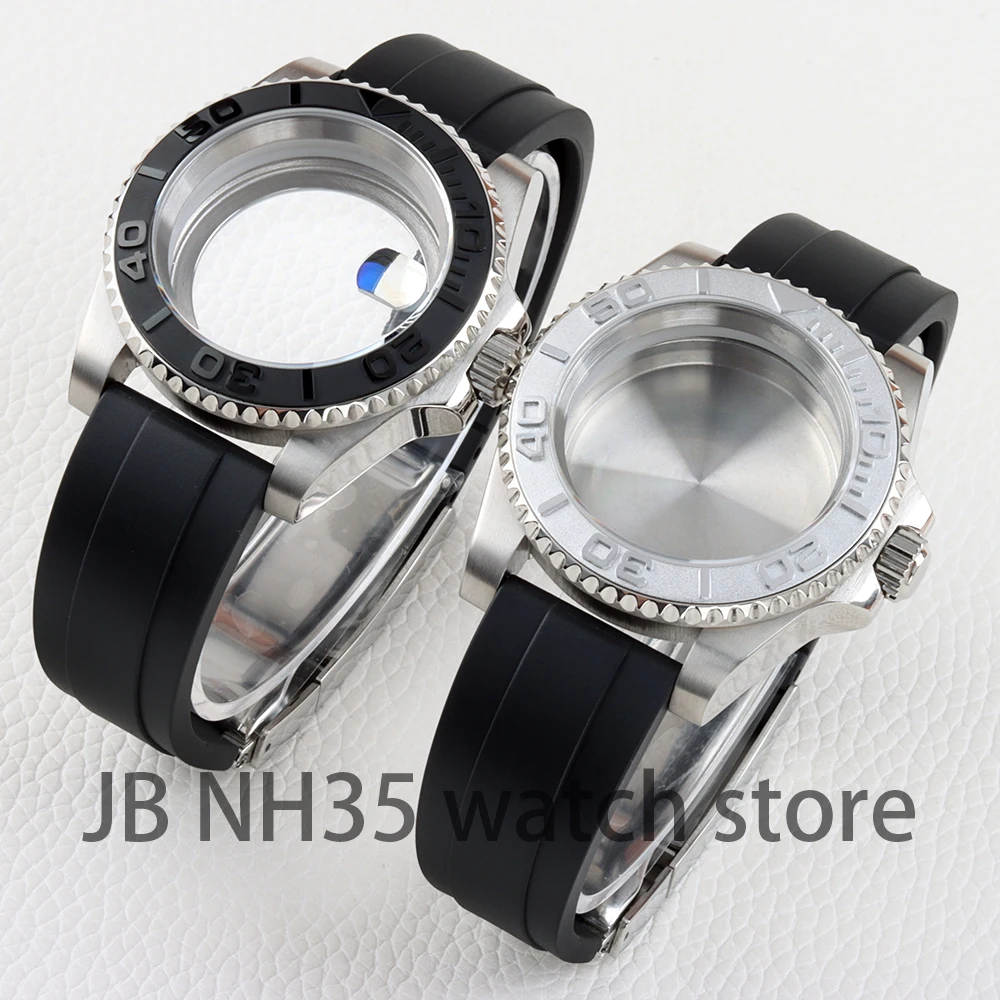 

40mm Watch Case Black/Sliver Ceramic Bezel Stainless Steel Sapphire Glass Rubber Strap For NH35 NH36 Movement Yacht-Master Case