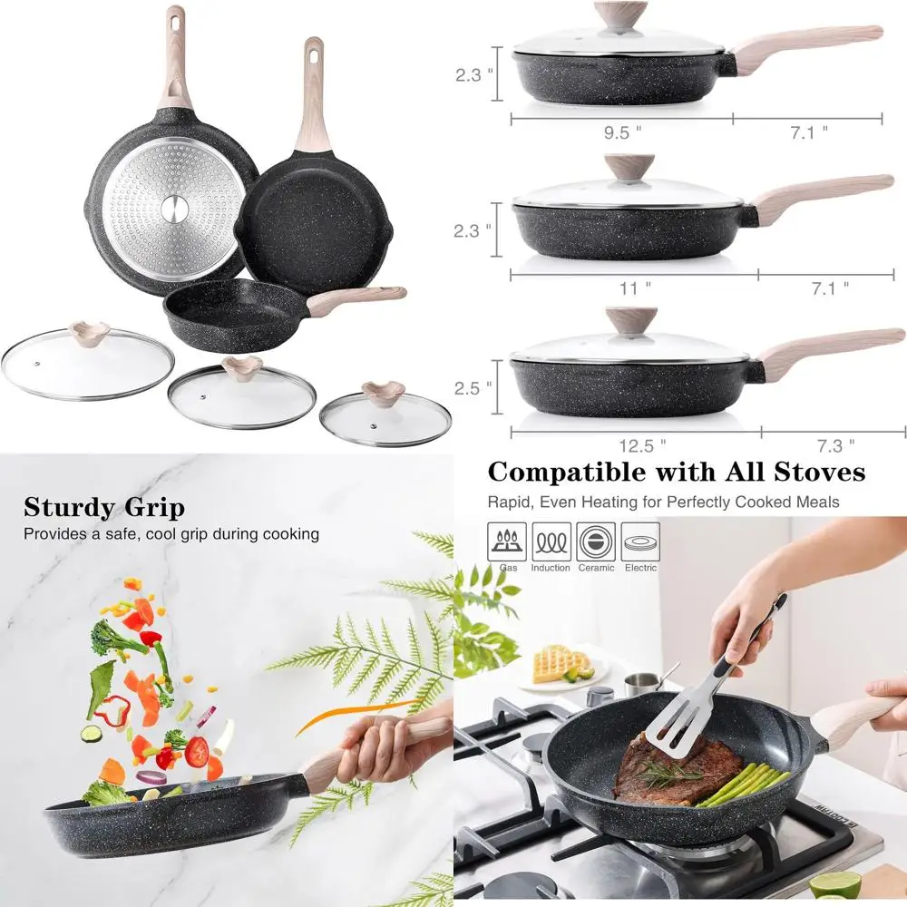 

3-Piece Nonstick Skillet Set with Lids, Healthy Induction Cookware, Compatible with All Stovetops, PFOA-Free (9.5, 11, 12.5 Inch