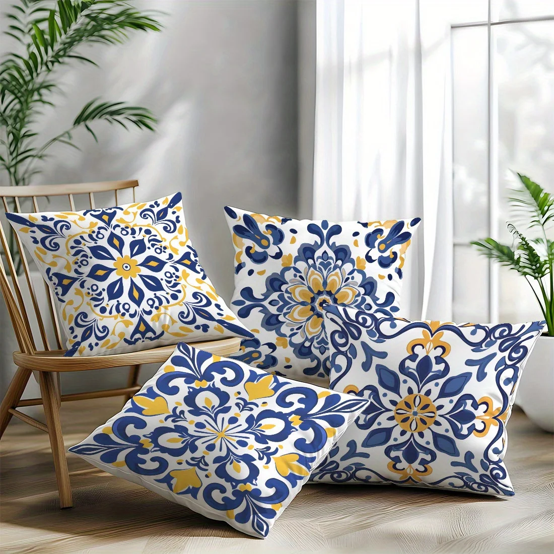 4Pcs, Blue-Green-Yellow Bohemian Pillow Covers, Single-Sided, Zipper Closure, Washable Polyester - Perfect for Sofa, Living Room, Bedroom Decor, Decorative Pillows.