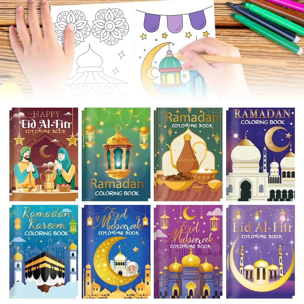 16 pcs Ramadan Eid Mubarak Party Mini Coloring Book Graffiti Painting Book for Muslim Party Supplies