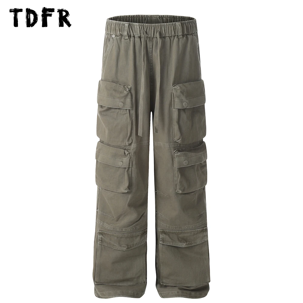 Multi-Pocket Spliced Cargo กางเกงบุรุษสีทึบ Safari สไตล์เอวยางยืดตรงหลวมขากว้าง Joggers กางเกงกางเกงผู้ชาย