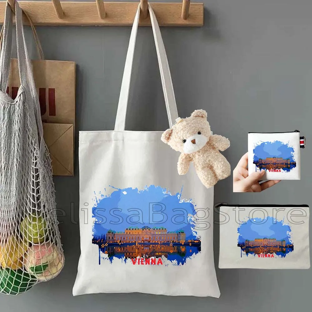 4PCS Gifts Set Vienna Austria White Canvas Tote Bag Handbag with Doll Key Coin Purse Cosmetic Makeup Toilet Bag Case Pouch