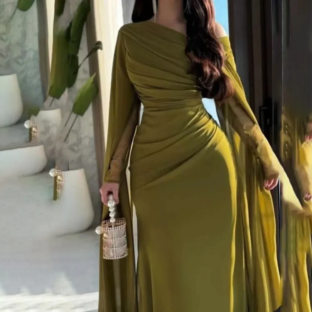 

Customized Modest Crepe Saudi Evening Dresses Elegant Flared Long Sleeves A-Line Pleats Arabia Prom Gowns Party Dress for Women