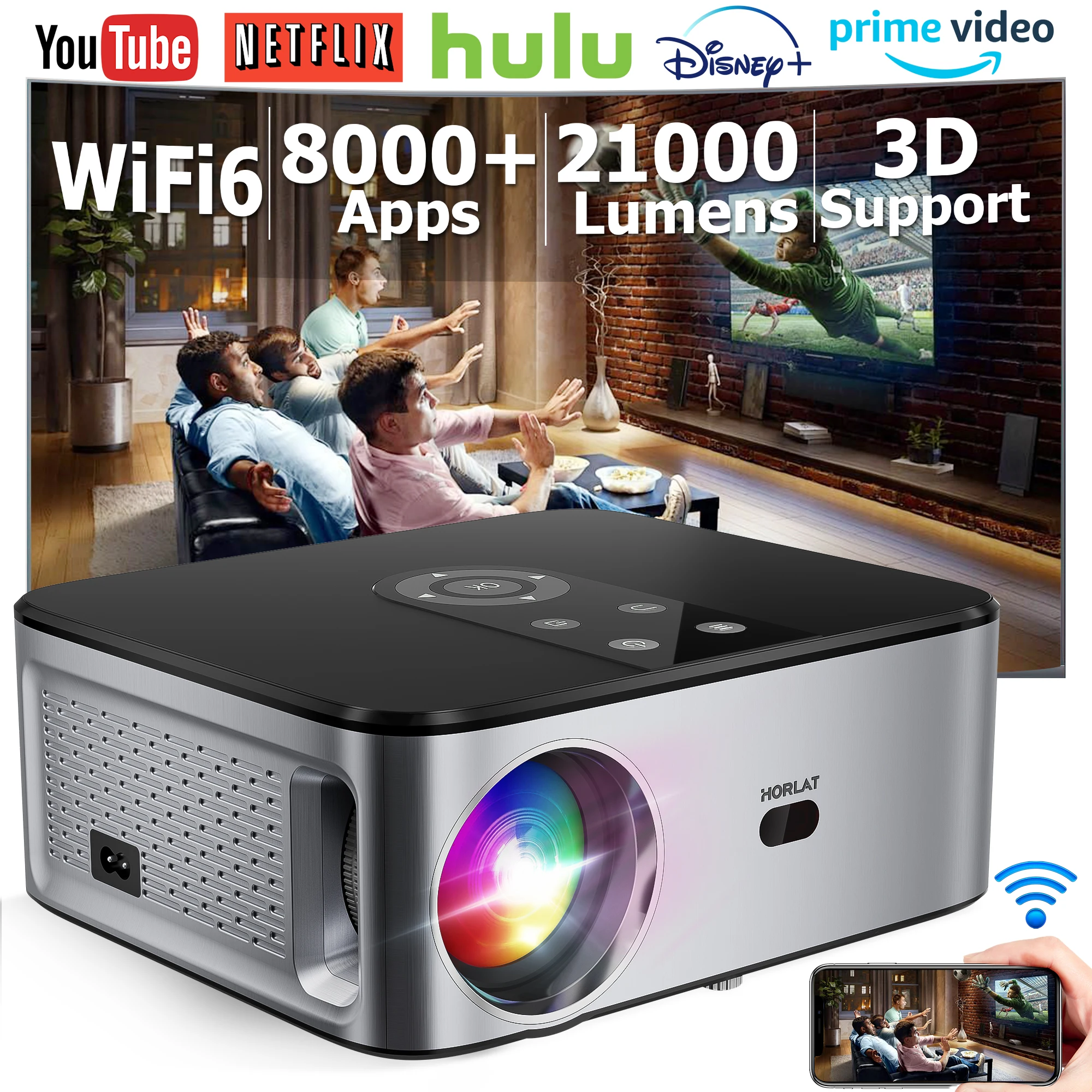 

HORLAT 21000 Lumens Android 4K LED Projector 3D Cinema Full HD 1080P Video Home Theater Auto Keystone 5G WiFi Portable Proyector