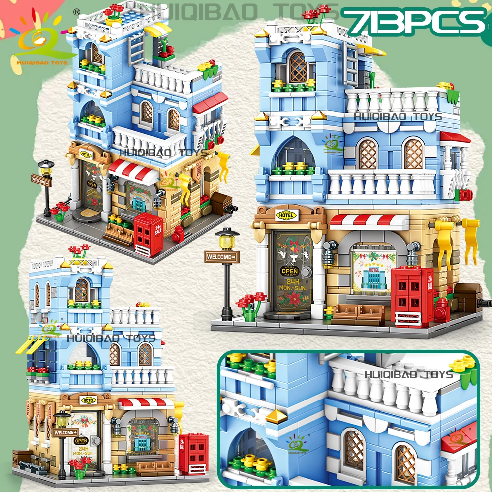 HUIQIBAO City Street View Supermarket Coffee Burger Shop Hotel Model Building Blocks DIY Architecture Bricks Toys Adult Gift