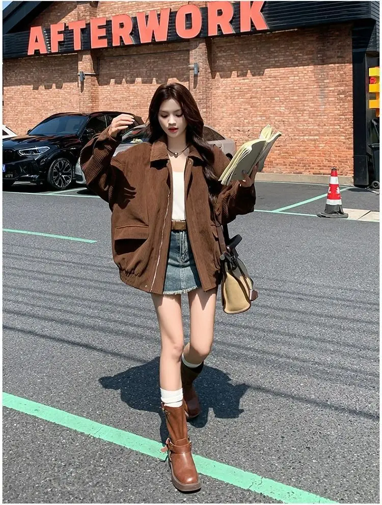 GC 2026 Spring Autumn Women Maillard Tone Lapel Jacket Korean Lazy Chic Oversized Casual All‑Match Outerwear