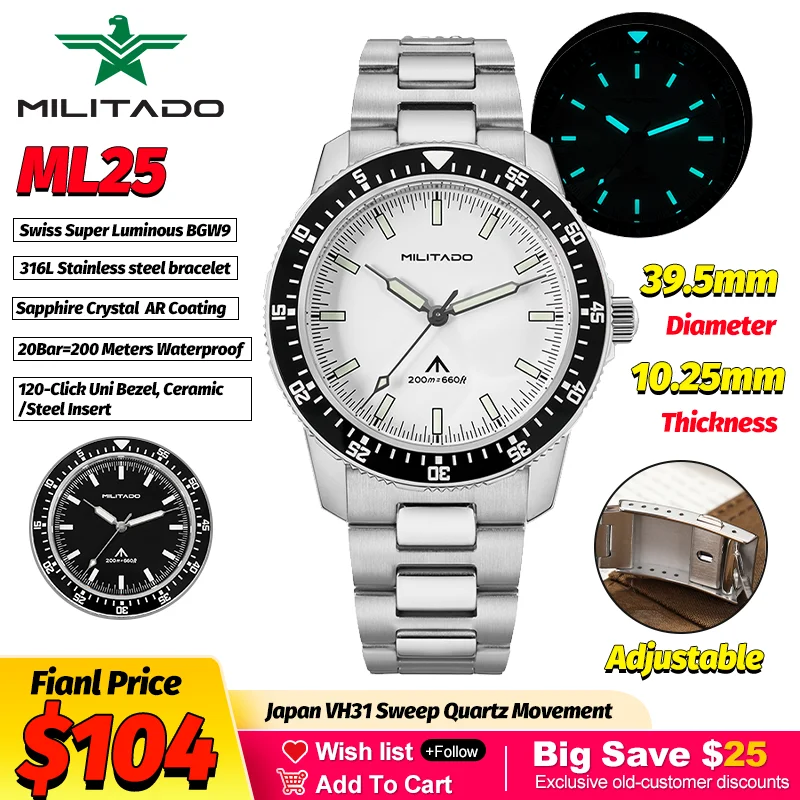 

Militado Ml25 Mens Dive Quartz Watch VH31 Sweep Second Movement Sapphire Crystal BGW9 Luminous Stainless 200M Waterproof Watches