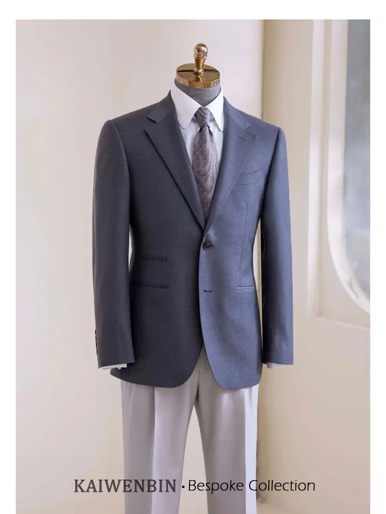 Men's Suit Gray Notched Lapel Pure Wool Blazer Naples Trousers Business Casual Elegant Wedding Smart Custom Tailored