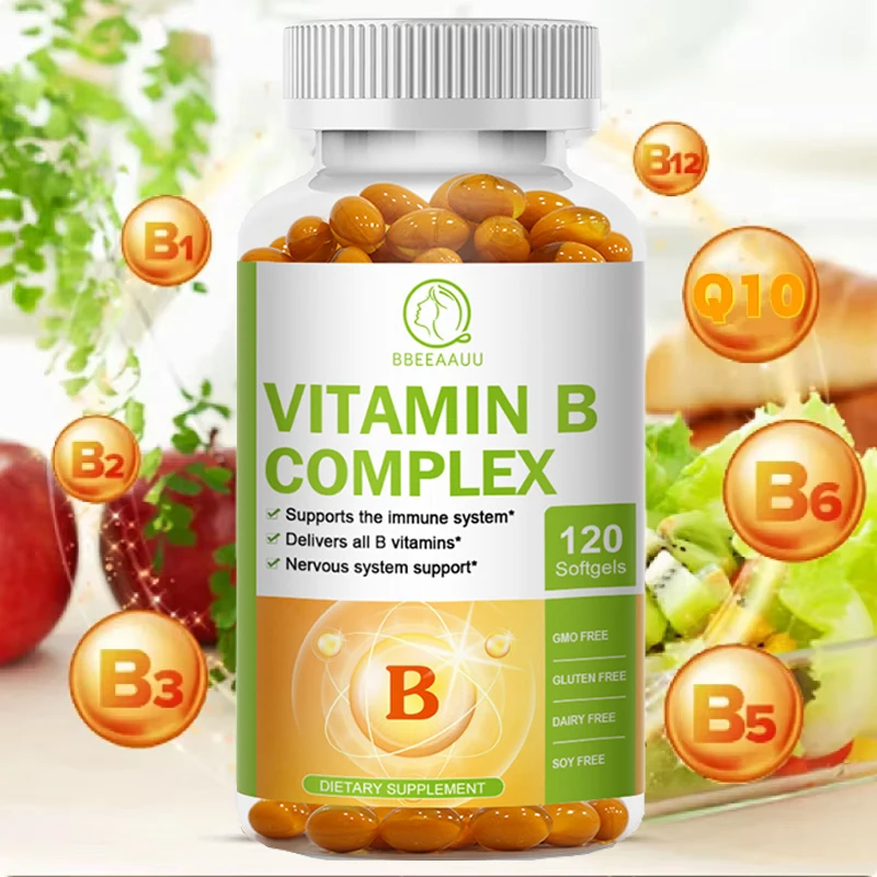 BBEEAAUU Super B Vitamin B Complex Capsules (Vitamin B1, B2, B3, B5, B6, B12, Folic Acid, Biotin, COQ10) Contain all B Vitamins