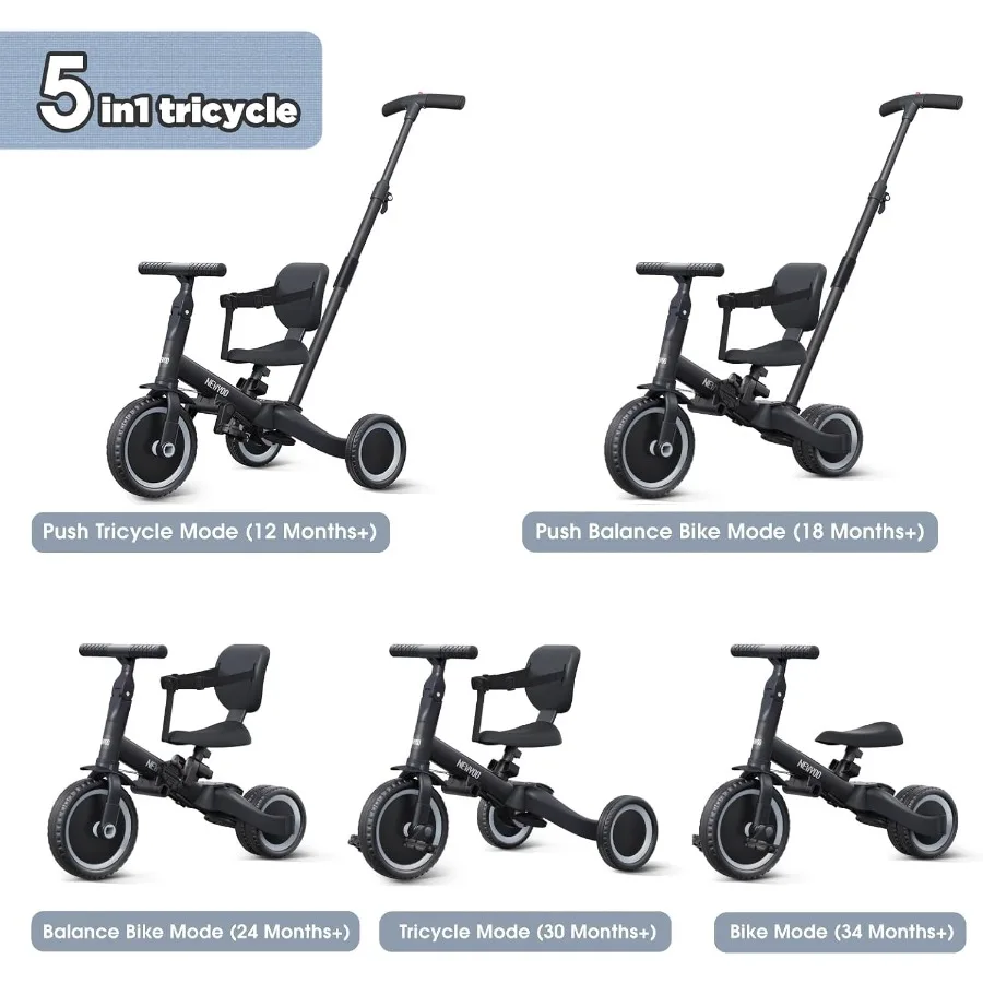 จักรยานเด็กเล็ก, รถสามล้อพร้อมที่จับสำหรับเด็กอายุ 1-3 ปี, ของขวัญวันเกิดและของเล่นสำหรับเด็กชายและเด็กหญิง, แบบปรับเปลี่ยนได้ 5 in 1