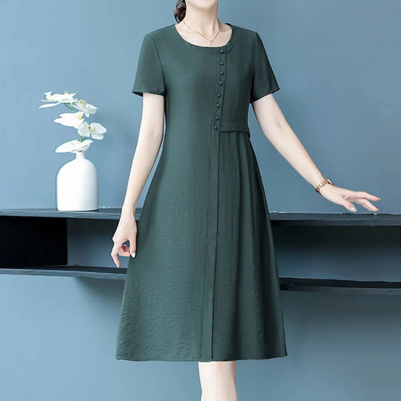 

Summer Cotton and Linen A-line Simplicity 2023 New Solid Color Round Neck Button Short Sleeve Casual Midi Dresses for Women