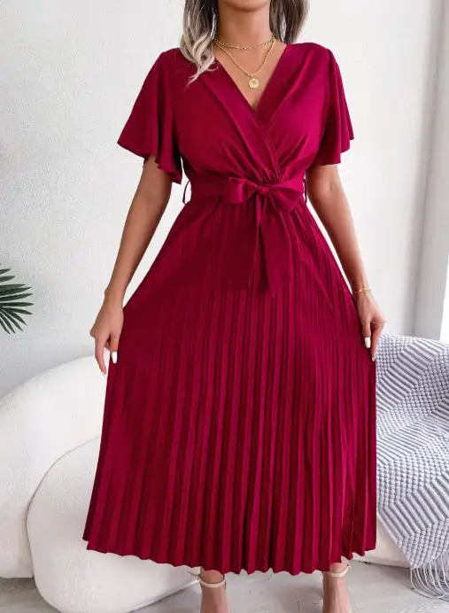 

Hot Selling Real Shot of Spring Summer Temperament Cross Latest Hot Selling V-Neck Big Hem Pleated Long Skirt Women's Clothing