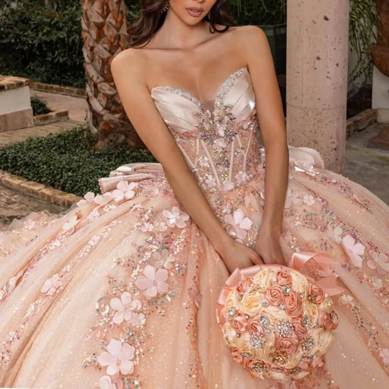 

Champagne Quinceanera Dresses Off the Shoulder Glitter Crystal Decal 3D Flower Long tail Bow Vestido 15 Quinceanera Customized