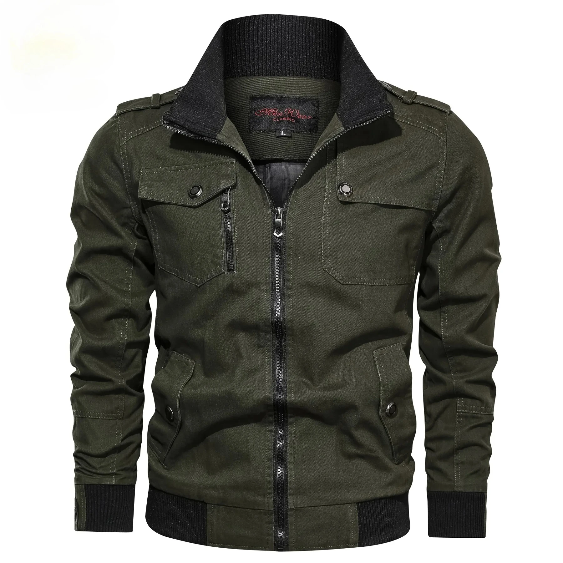 

2025Casual Solid Color Jacket Men Cotton Lightweight Autumn Stand Collar Zip Pocket Plus Size Outerwear Comfortable Fashion Wear