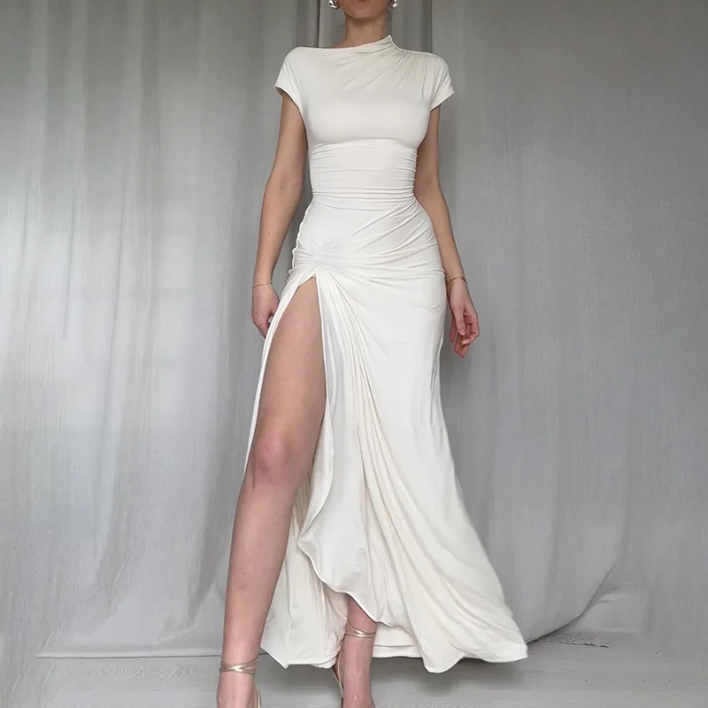 Tube Folds High Slit Ankle-Length Dress Clothing Female Fashion Elegant Solid Long Dress Women O Neck Split Short Sleeve Dresses