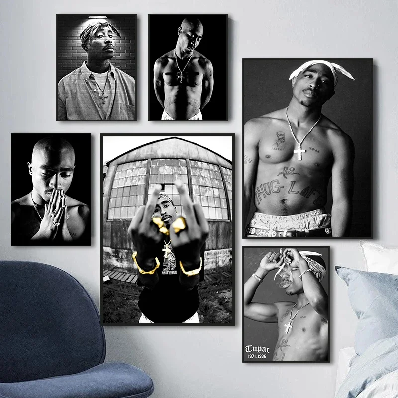 Pósteres de lona de rapero Tupac, impresiones en blanco y negro, Mural de cantante 2PAC, arte de pared, pintura para sala de estar, decoración del hogar