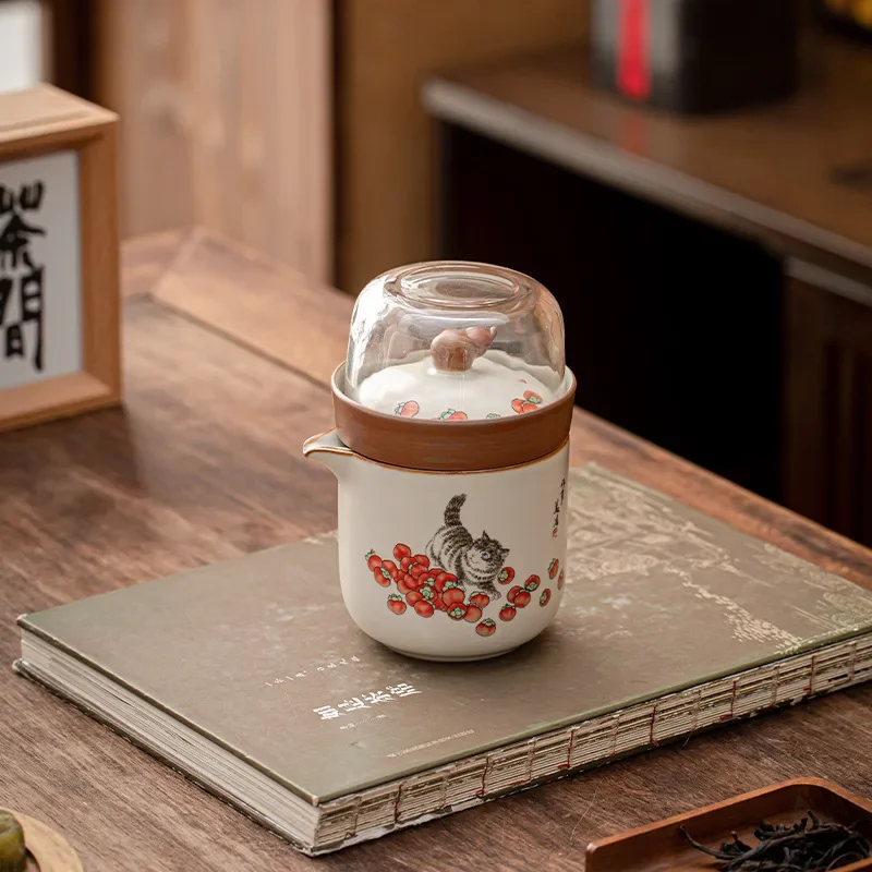 Handmade Portable Travel Tea Set One Pot Four Cups Light Luxury Outdoor Camping Ceramic Fast Customer Cup Business Gift Tea Cup