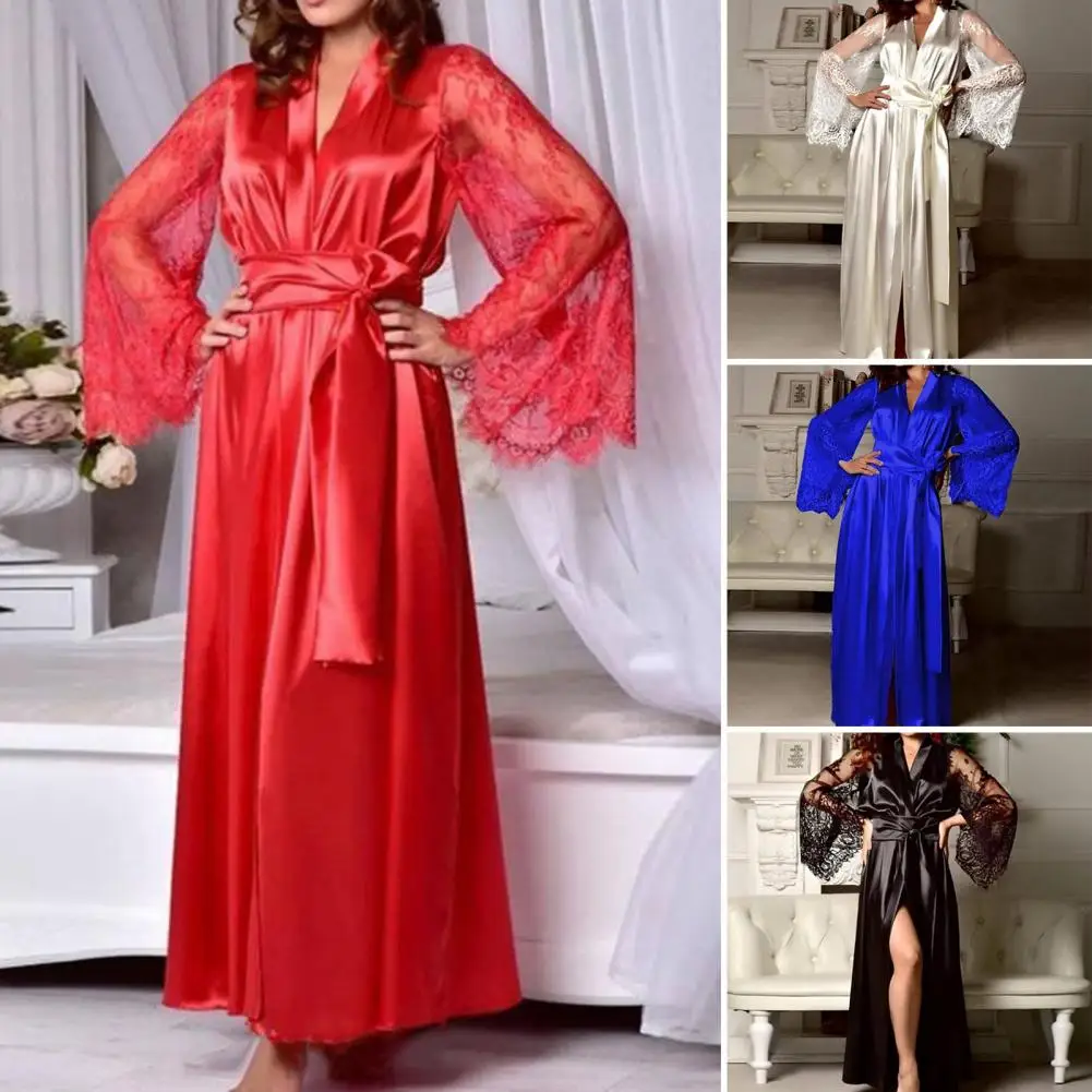 

Women Bathrobe Long Sleeves Open Stitch Big Sleeves Perspective Lady Sleeping Gown Belt Women Nightdress for Sleeping