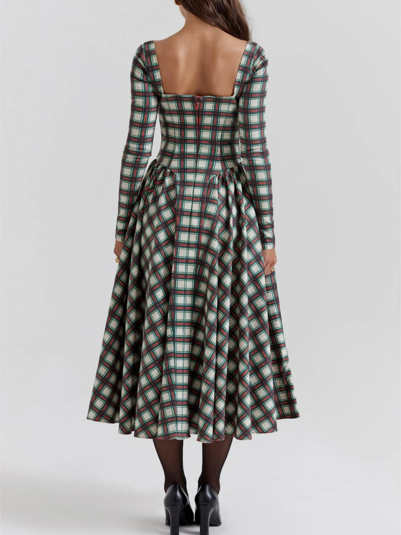 Mikydely New Sexy Plaid Long Dress Long Sleeve Skirt