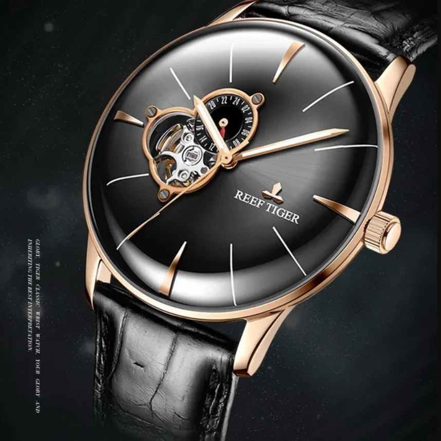 Reef Tiger Men Automatic Watch 43mm Mechanical Wristwatch Luminous 24 Hours 50M Waterproof Sapphire Mirror Skeleton Miyota Mov