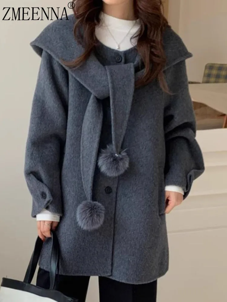 

ZMEENNA женское темно-серое шерстяное пальто средней длины, шарф с шалевым воротником и капюшоном, верхняя одежда с помпоном из искусственного меха ZM4237