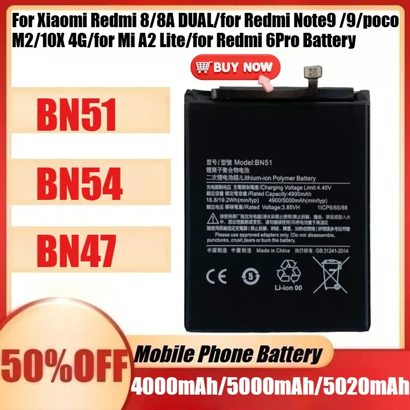SWZY BN51 BN54 BN47 Battery for Xiaomi Redmi 8/8A DUAL/for Redmi Note9 /9/poco M2/10X 4G/for Mi A2 Lite/for Redmi 6Pro Battery