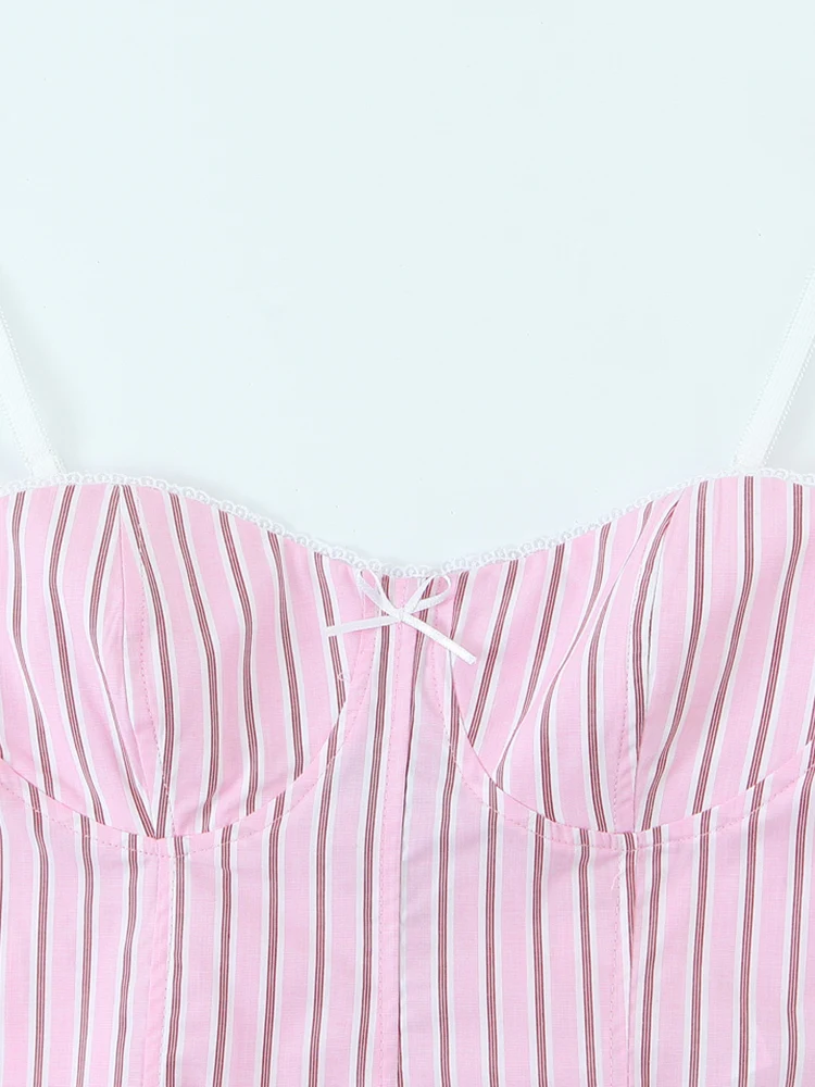 KUCLUT 여성 패션 핑크 스트라이프 백리스 사이드 지퍼 코르셋 Camis 빈티지 얇은 스트랩 v 넥 여성 세련된 레이디상의