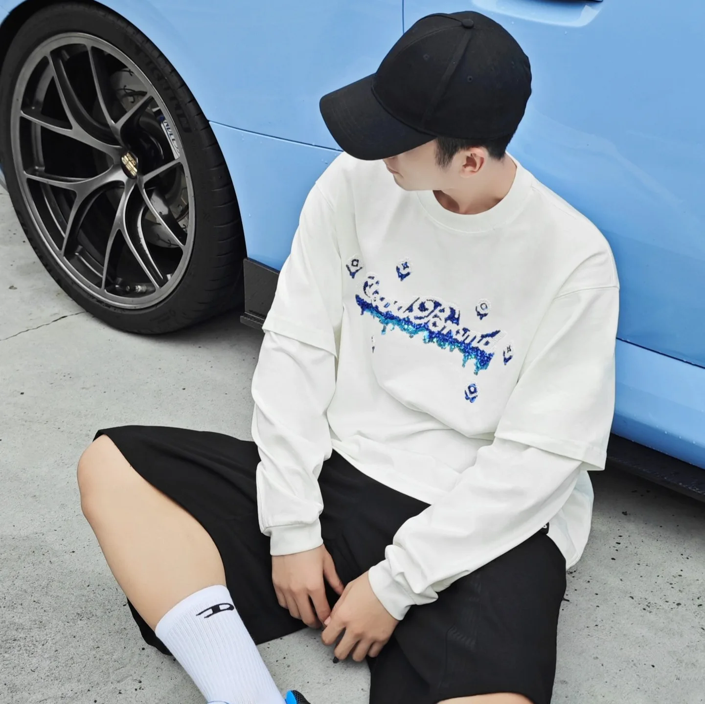 Goodbrand New 2026 Premium Ice Cream Floral Sequins Embroidery Fashionable High-End Look Two-Piece Long-Sleeve T-Shirt