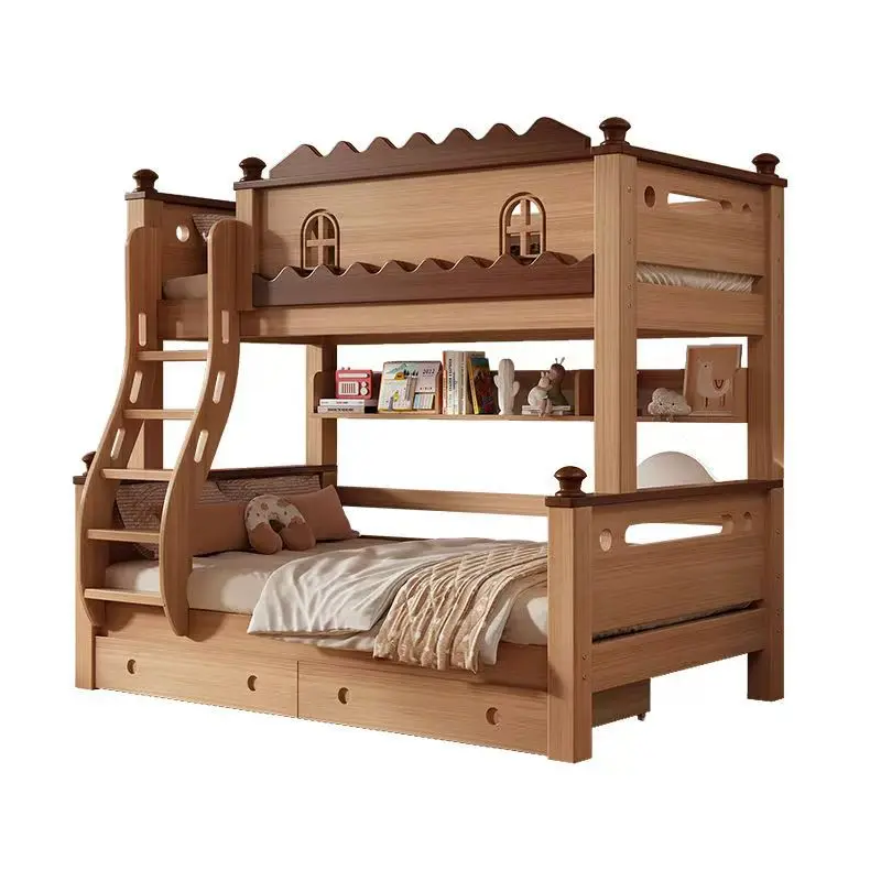 Solid wood, bunk bed for children, multi-functional upper and lower  , high and low children and mothers, two-layer wooden beds
