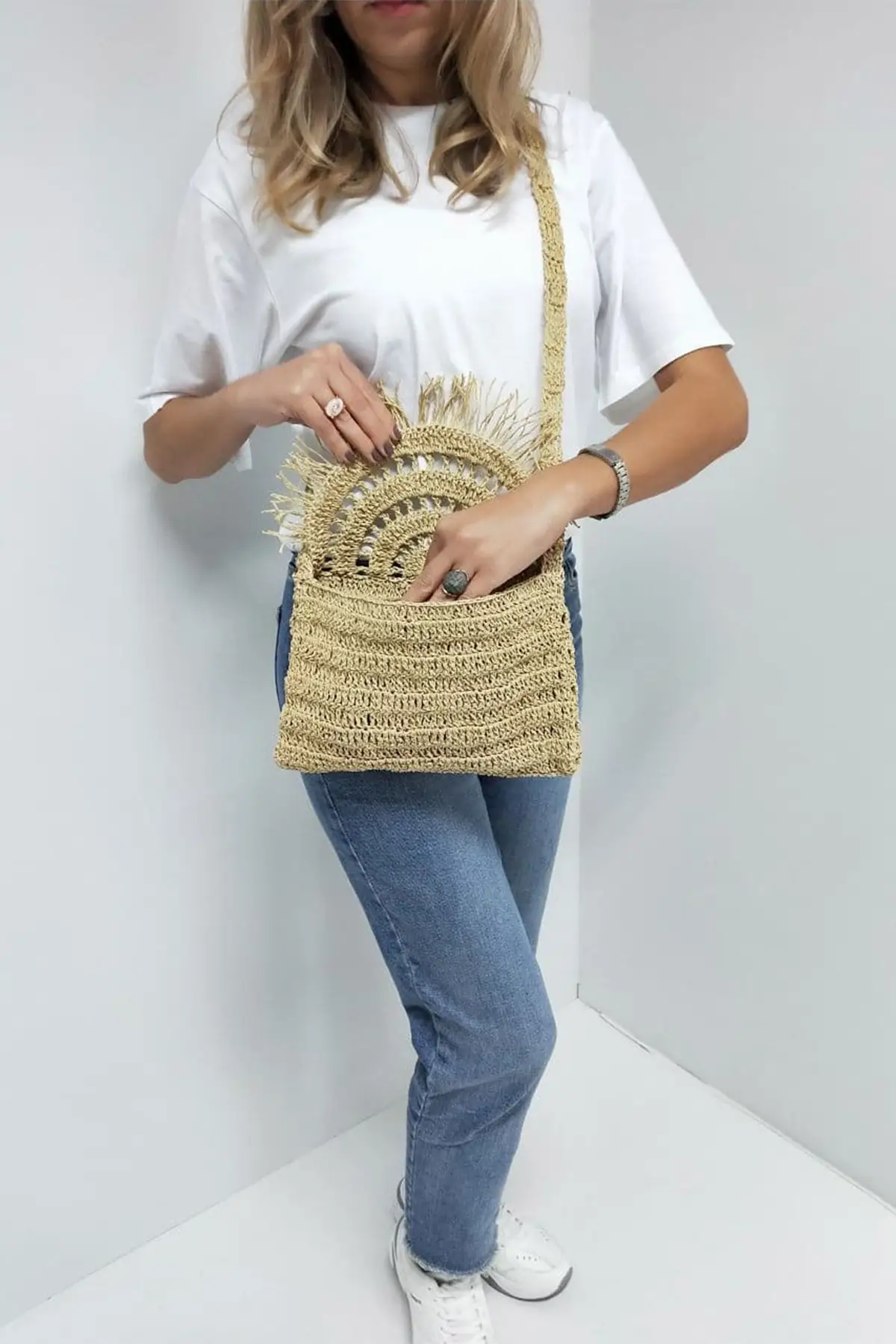 

Uras Women Beige Color Handmade Weave Paper İp Shoulder Bag Women bag Shoulder Bag Handmade