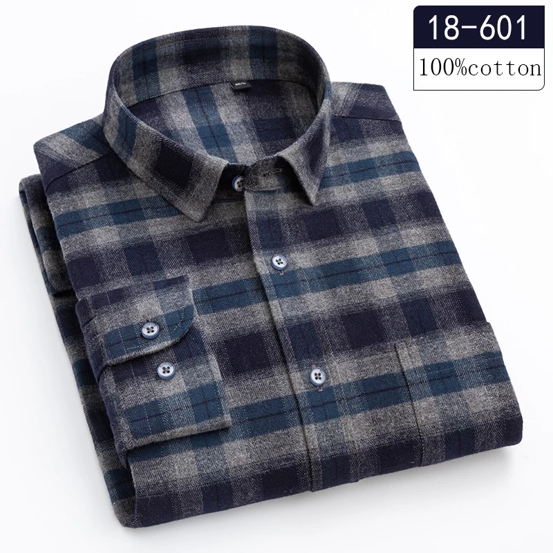 Neu im Hemd Hochwertige Plus Size 100% Baumwolle Schleifen Langarm hemden für Männer Freizeit hemd Plaid Tops Single Pocket Kleidung