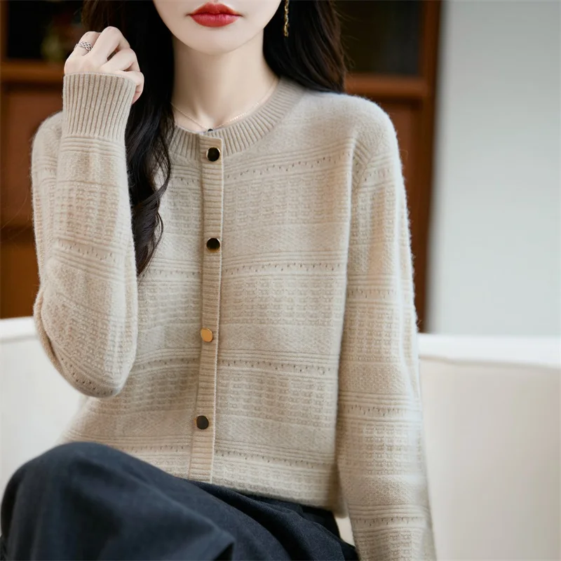 

Basic 100% Merino Wool Cardigan Sweater Autumn Winter O-Neck Soft Pullover Women Long Sleeve Knitwear Clothing Tops