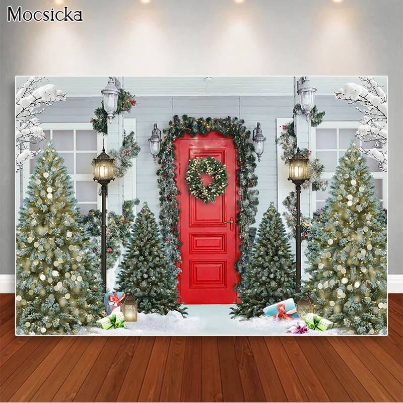 Fondo de fotografía de puerta roja de Navidad, telón de fondo Vintage rústico, árboles de Navidad, retrato familiar, accesorios para fotomatón