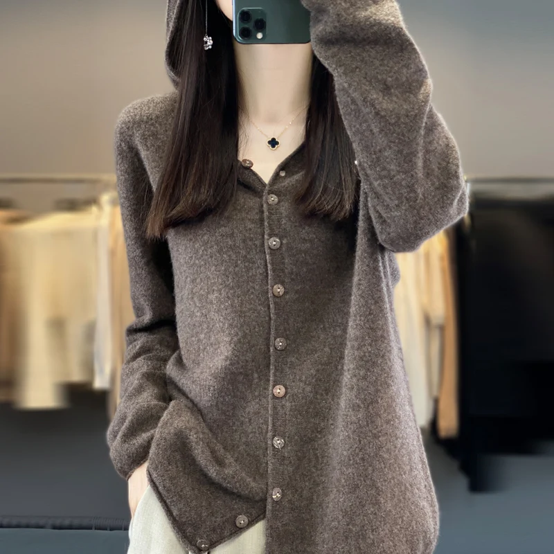 Fall/Winter 2024 New 100% Merino Sweater Women\'s Hooded Cardigan Loose Sweater Long Sleeve Button Knitted Sweater Jacket