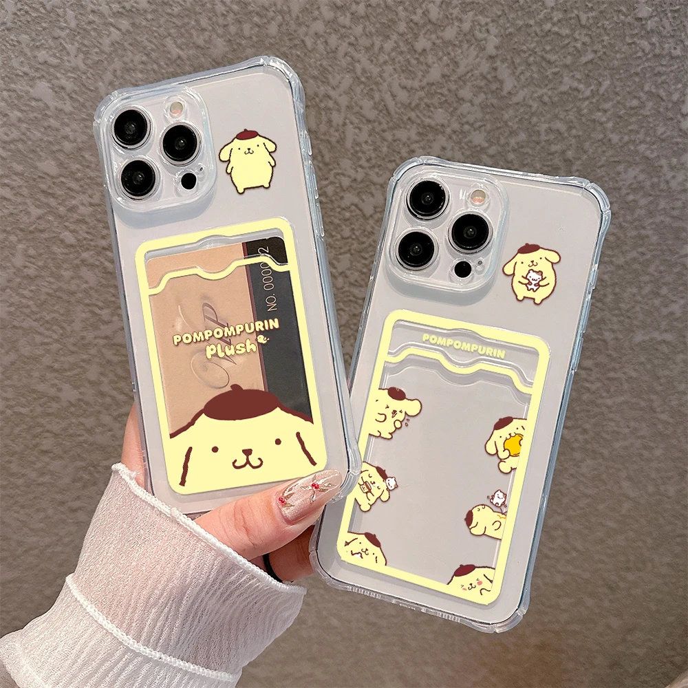 Cute Anime Pom Pom Purin Card Hold Case For iPhone 15 14 13 12 11 Mini Pro Max X XR XSMax 6S 7 8 Plus SE20 Anti-fall Clear Cover