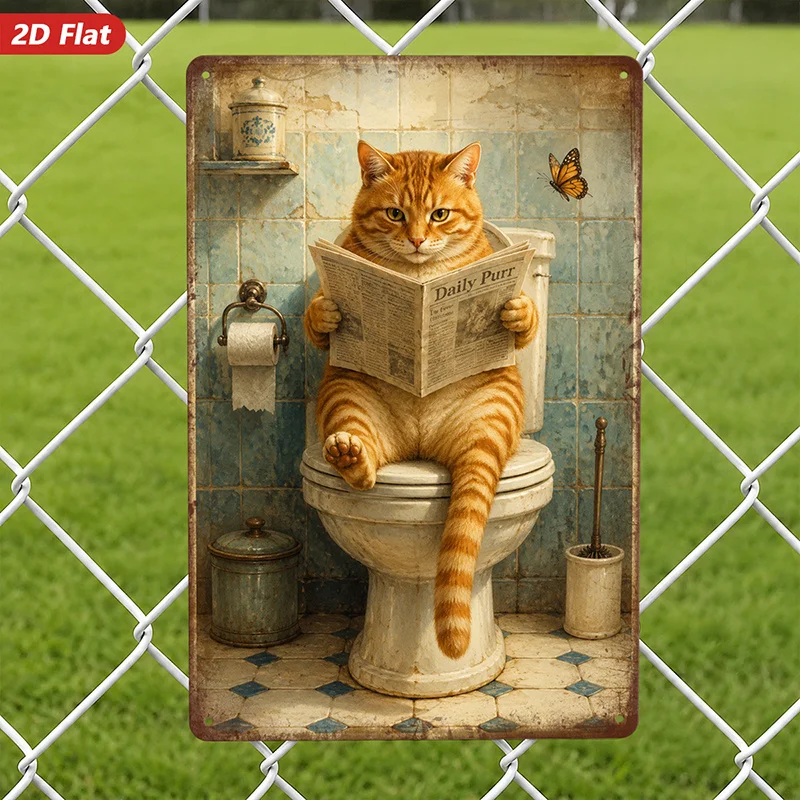 Fun Cat Bathroom Metal Sign Wall Art, Orange Tabby Cat, Reading A Newspaper on The Toilet, Daily Meow, Vintage Bathroom Tiles