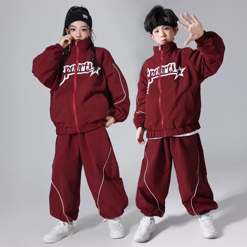 Neue Kinder Hip Hop Outfit Street Dance Kleidung Baggy Burgund Set Jungen Mädchen Sport Jazz Performance Kostüm Team Dancewear L13651