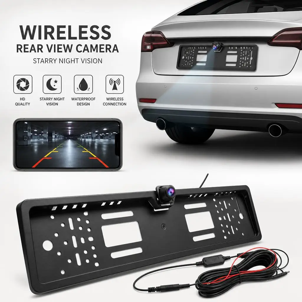 WLAN-Rückfahrkamera für europäische Fahrzeuge, Kfz-Kennzeichenrahmen, kabellos, 170 Grad, HD AHD, Nachtsicht, wasserdicht, für iOS und Android.