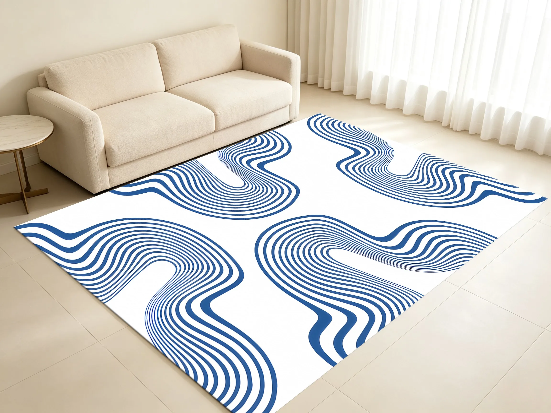Blue and White Flowing Wavy Lines in Modern Abstract Style, Velvet Rug Suitable for New Year's Housewarming, Living Room, Bedroom, and Entryway, Creating a Simple, High-End Artistic Atmosphere