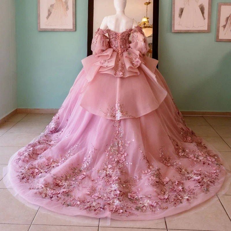 Luxury Pink Ball Gown Quinceanera Dresses Charming Appliques Beaded Flower Off Shoulder Sweet 16 Dress Lace-up Vestidos 15 De