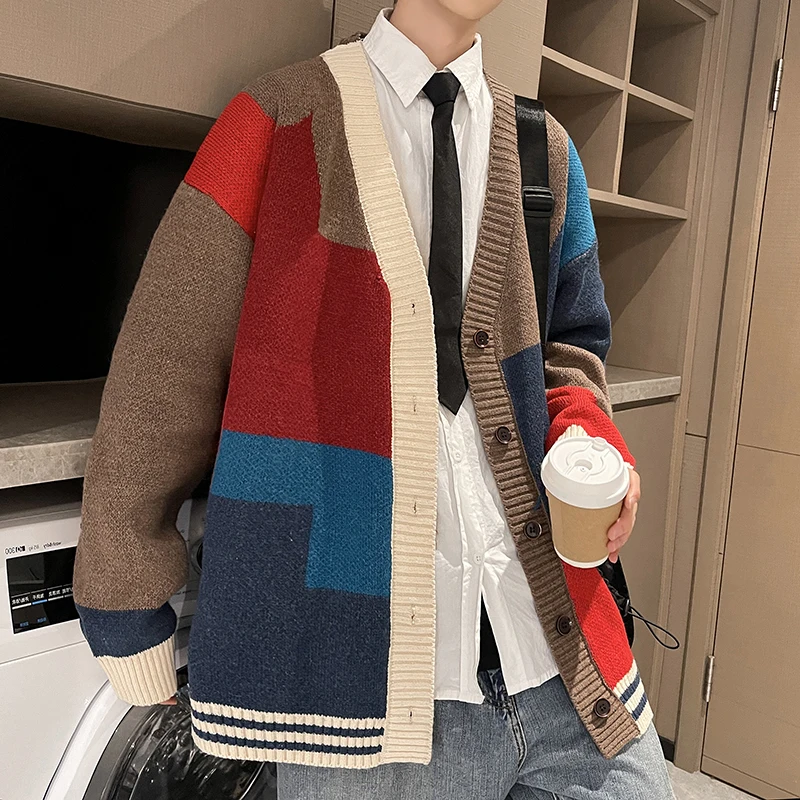 

Retro V-Ne Knitted Sweater Men's College Sle High-End Feeling Autumn Spring Japanese Sle Couple's irt Color Blo