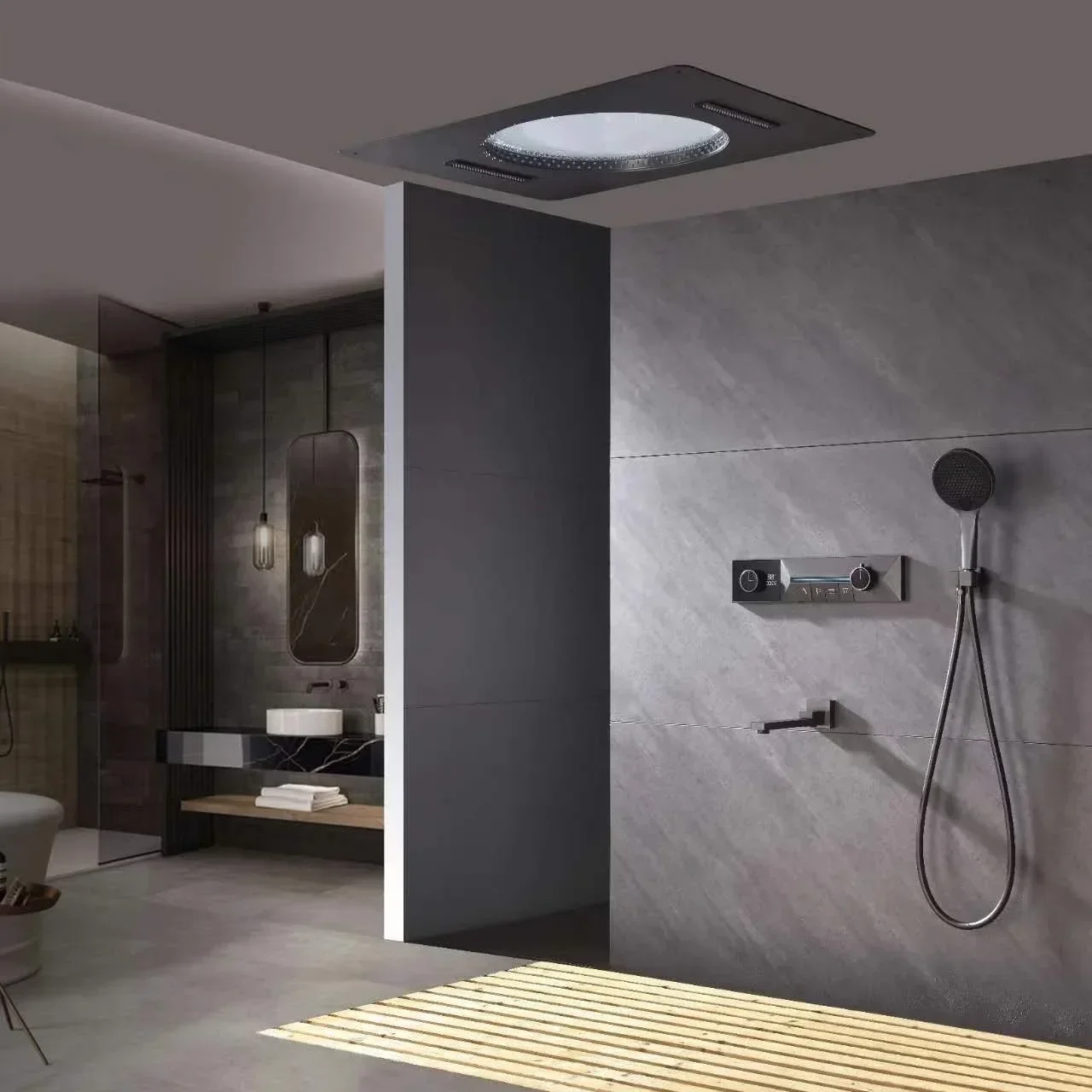 Concealed Ceiling Thermostatic Display LED Rain Shower System Set Black Bathroom Shower Faucets Set with 600x800mm Shower  Head