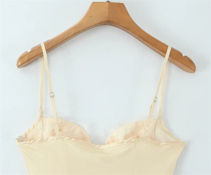 Women's Dress 2025 Autumn New style Yellow Cami Satin Feel V-neck Long Dress Sexy Fashion Elegant Temperament