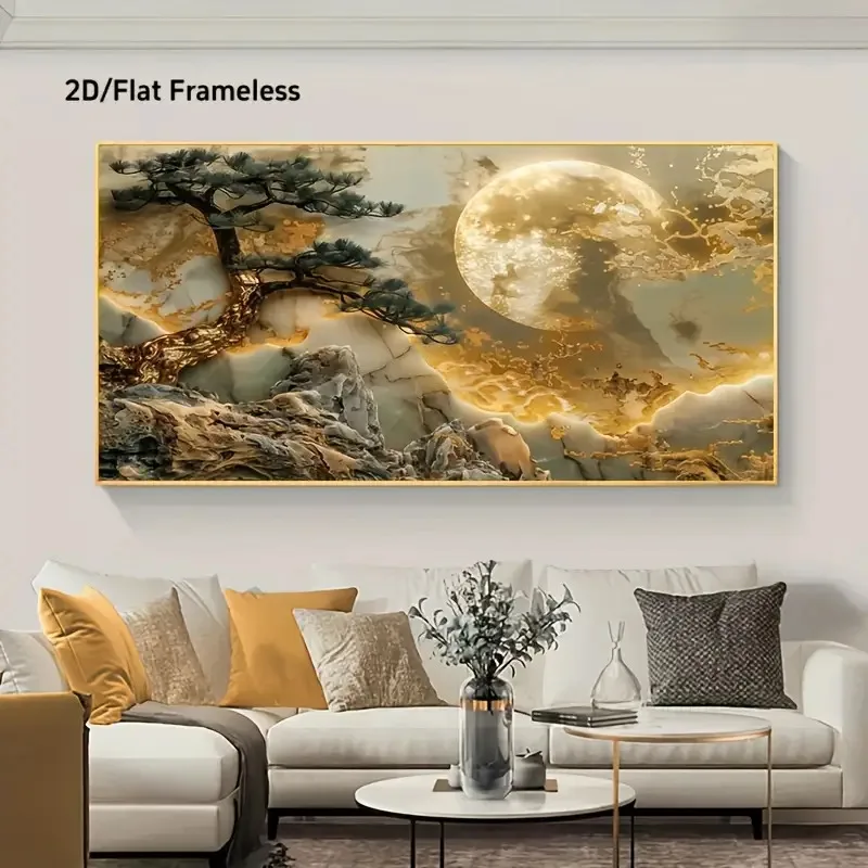 Frameless Extra Large Decor Painting for Living Room Wall Art Canvas Print, Moonlight Golden Tree Landscape Modern Home Décor, F